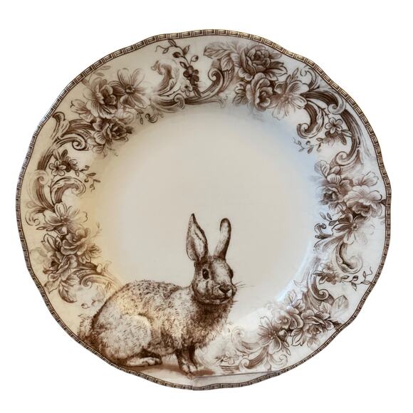 222 Fifth ARABELLA Brown & White Bunny Dinner Plates 12in Set of 4 New - Picture 7 of 10